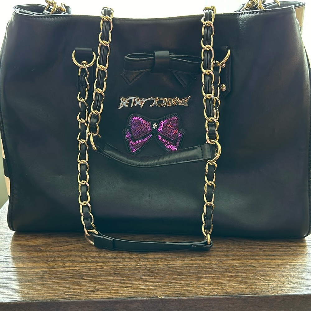 Betsy Johnson Vintage Faux Leather Double Strap Tote Bag size 14.5”x11”x5”